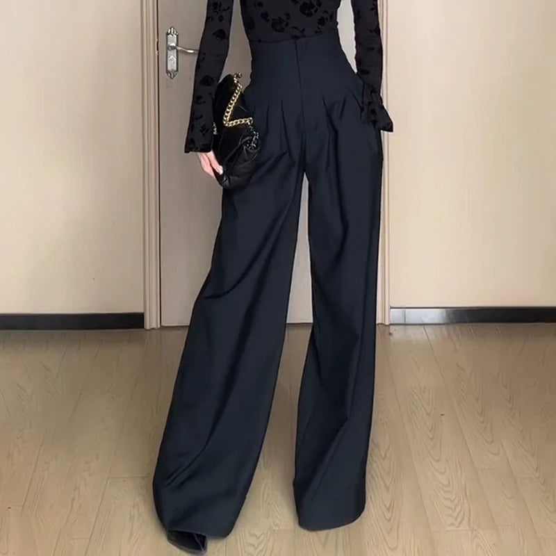 2024 Black Design Wide-Leg Pants Women's Slimming Suit Pant Magic High Waist Loose Straight Drooping Mopping Casual Trousers