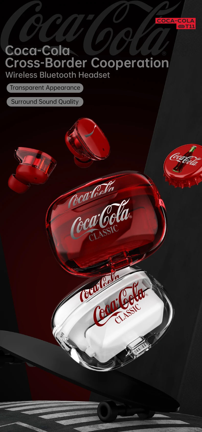 Coca-Cola Wireless Earphone Bluetooth 5.4 Noise Cancelling Air Pods Headset Microphone Low Latency for Xiaomi Apple Android T11