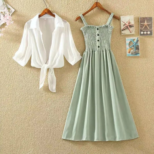 French High Waist Slim Bottom Suspended Dress Two Piece Women's Summer New Set Skirt