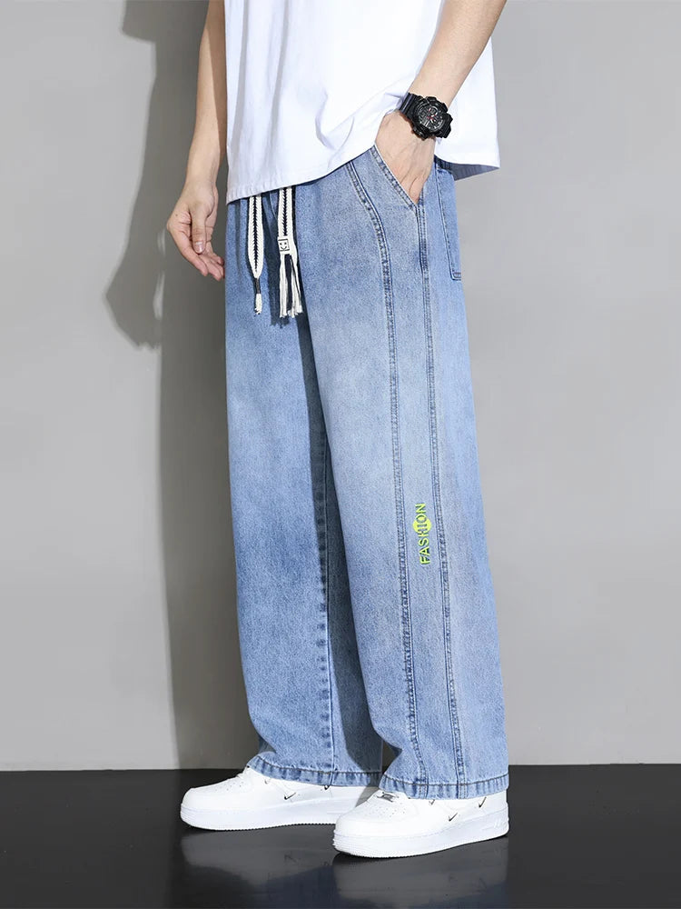 2024 Autumn New Wide Leg Jean Pants Men Trousers Neutral Loose Casual Cotton Straight Outdoor Fashion wash Pants Big Size 8xl