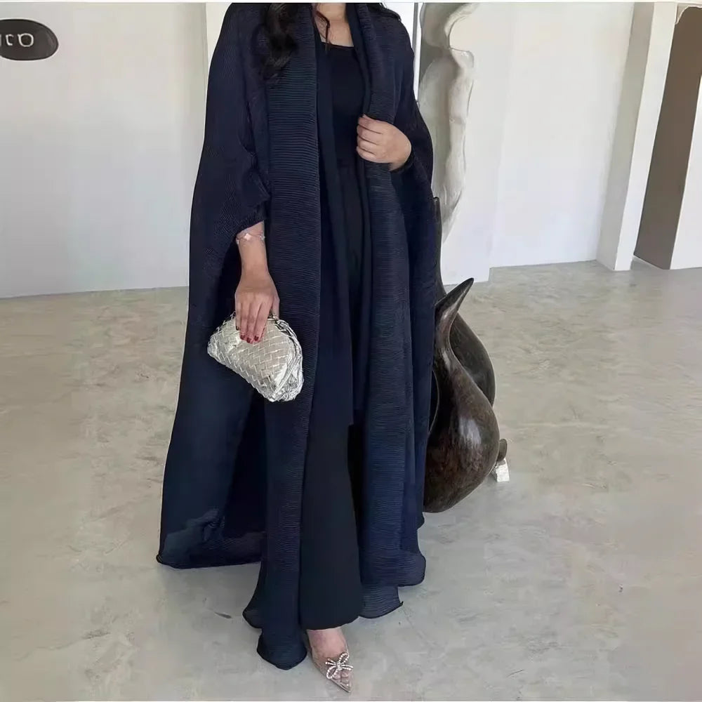 Abaya Fashion Pleated Bat Sleeve Loose Tie Solid Color Medium-length Shawl Long Coat 2024 Fall New