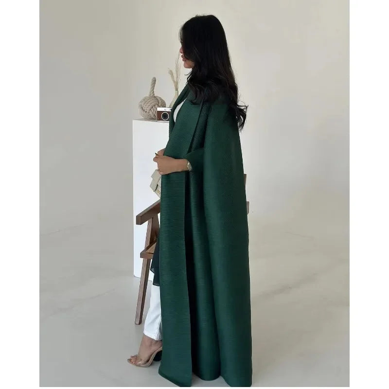 Abaya Fashion Pleated Bat Sleeve Loose Tie Solid Color Medium-length Shawl Long Coat 2024 Fall New