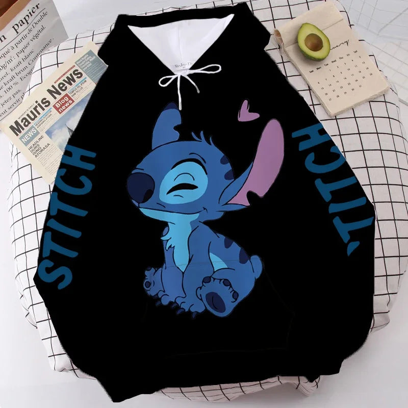 Disney Hoodie Fashion Stitch Angel Monster Letter Cartoon Sweatshirt Pullover Cute Harajuku Unisex Women's Pocket Top