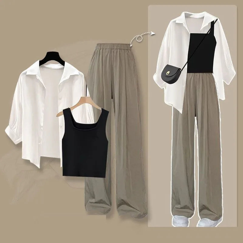 2024 Summer New Fashion Tracksuit Matching Set Women's Elegant White Sunscreen Shirt+Vest+Casual Wide Leg Pants 3-Piece Suit