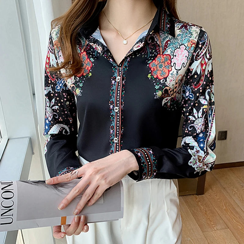 Fashion flower print shirts for ladies New elegant Women's Blouses 2024 Spring Summer Long Sleeve Button-Down Tops blusa mujer