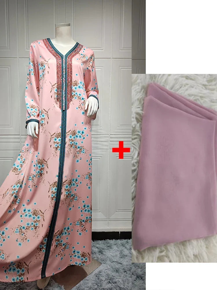 Eid Floral Print Muslim Abaya Dress with Scarf Women Diamond Dubai Arab Moroccon Kaftan Gown Robe Vestido Abayas Caftan 2024