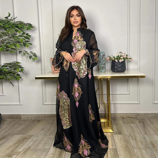 Mesh Sequins Embroidered Abaya Dress for Women Winter 2024 Middle East Arab Oman Dubai Muslim Moroccan Caftan Party Clothes Eid