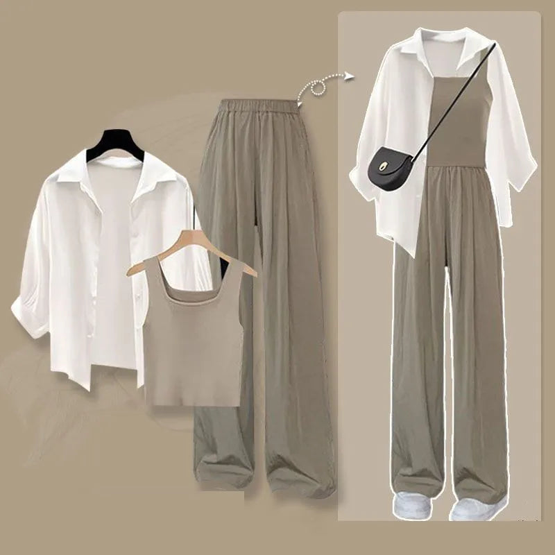 2024 Summer New Fashion Tracksuit Matching Set Women's Elegant White Sunscreen Shirt+Vest+Casual Wide Leg Pants 3-Piece Suit