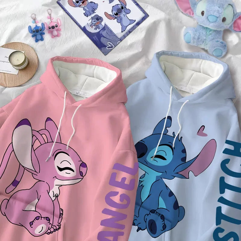 Disney Hoodie Fashion Stitch Angel Monster Letter Cartoon Sweatshirt Pullover Cute Harajuku Unisex Women's Pocket Top