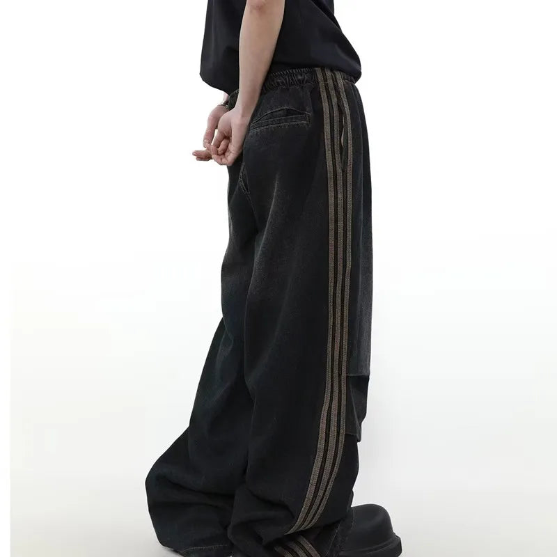 2024 Ropa Y2K Fashion Elastic Waist Striped Pleated Baggy Jeans Pants For Men Clothes Washed Black Wide Leg Women Long Trousers