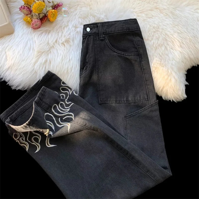 Y2K Vintage Flame Printed Jeans For Men Baggy Streetwear Wide Leg Denim Trousers 2024 New Hip Hop Fashion Straight Pantalones