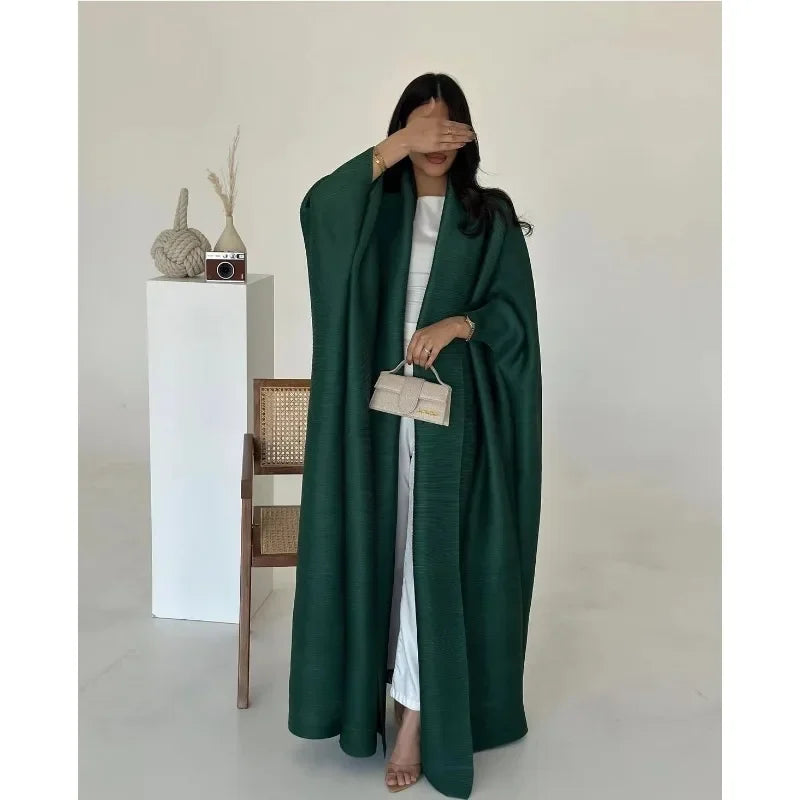 Abaya Fashion Pleated Bat Sleeve Loose Tie Solid Color Medium-length Shawl Long Coat 2024 Fall New