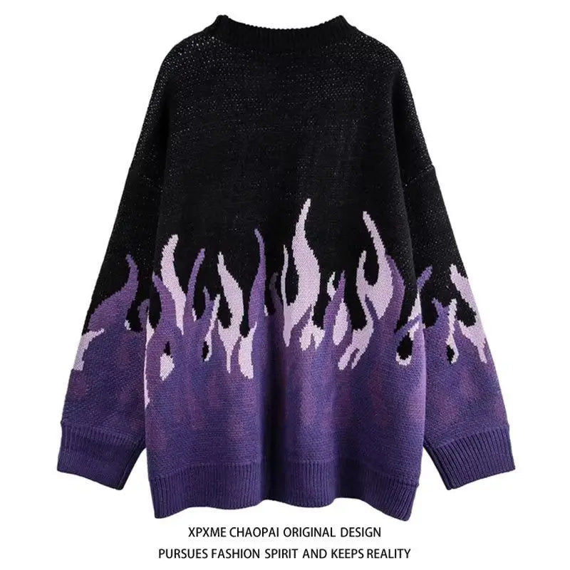 Trendy American Retro Ins Niche Design Flame Knitwear for Men and Women Y2K Loose Personality Lazy Style Couple Sweater Tops