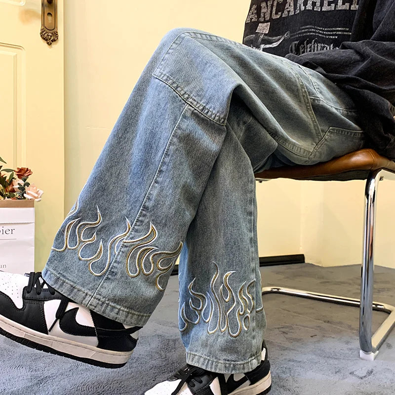 Y2K Vintage Flame Printed Jeans For Men Baggy Streetwear Wide Leg Denim Trousers 2024 New Hip Hop Fashion Straight Pantalones