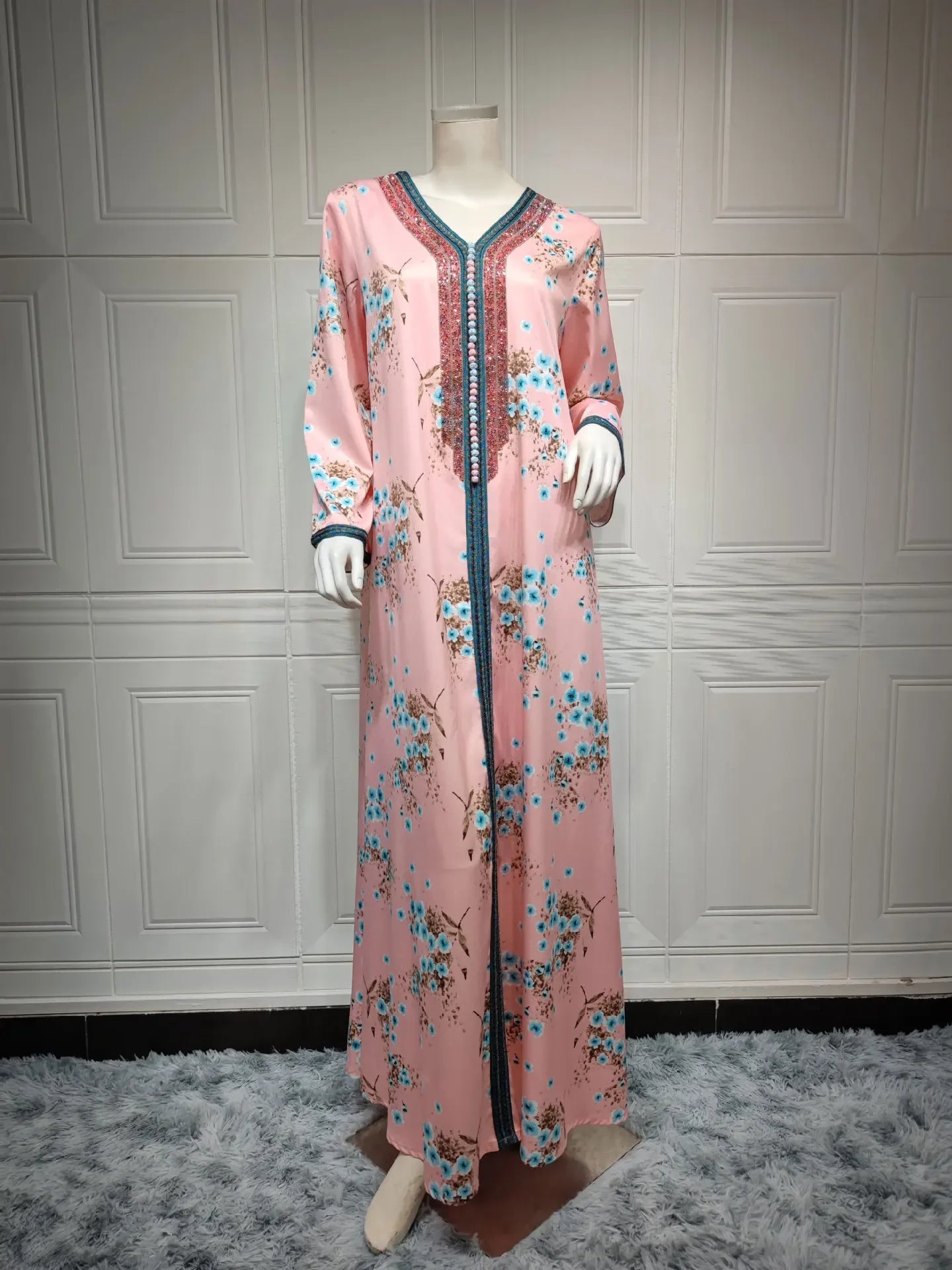 Eid Floral Print Muslim Abaya Dress with Scarf Women Diamond Dubai Arab Moroccon Kaftan Gown Robe Vestido Abayas Caftan 2024