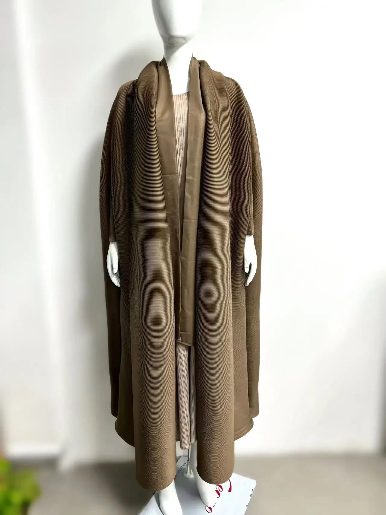 Abaya Fashion Pleated Bat Sleeve Loose Tie Solid Color Medium-length Shawl Long Coat 2024 Fall New