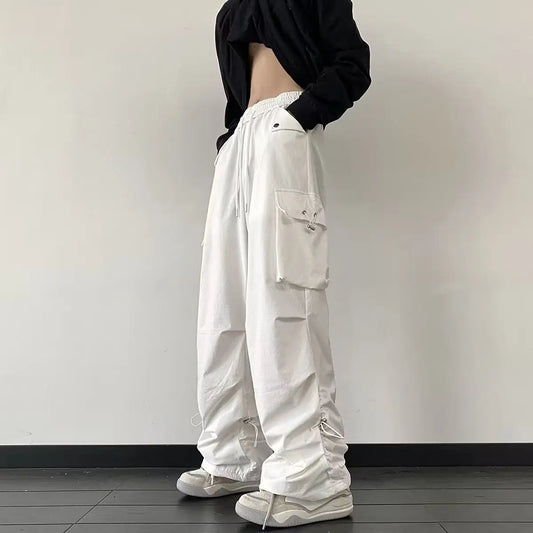 American Vintage Sping Autumn New Full Length Pants Men Women Thin Solid Elastic Waist Pocket Casual Loose Charge Cargo Trousers