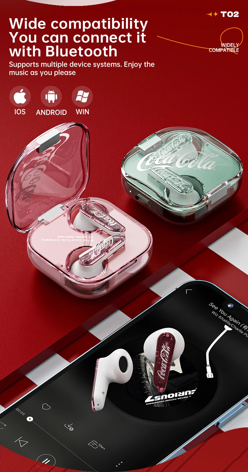 Coca-Cola Wireless Earbuds Bluetooth 5.3 Headphones Bass Stereo Ear Buds Waterproof Headset Noise Reduction Long Standby