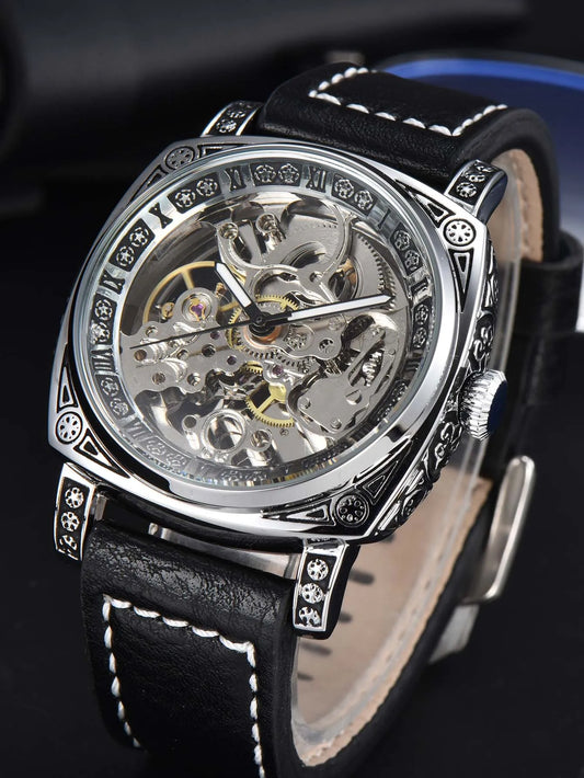 LONGLUX automatic watch retro style wholesale mechanical wristwatches skeleton carve waterproof leather no logo mens watch