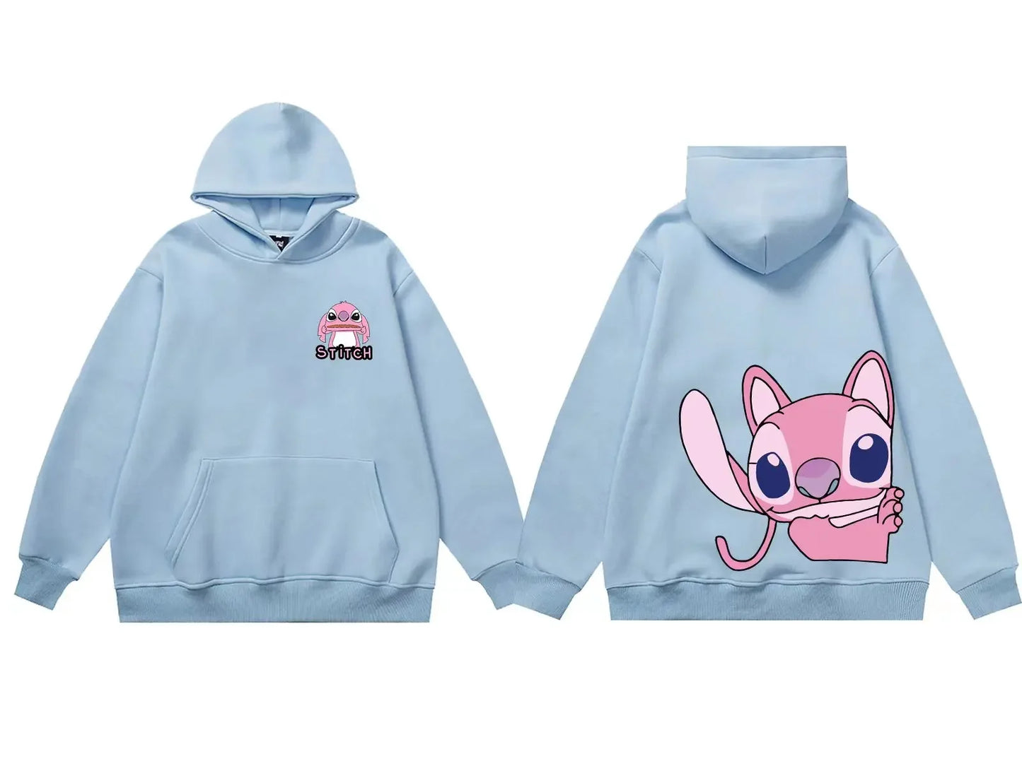 Disney Hoodie Fashion Stitch Angel Monster Letter Cartoon Sweatshirt Pullover Cute Harajuku Unisex Women's Pocket Top