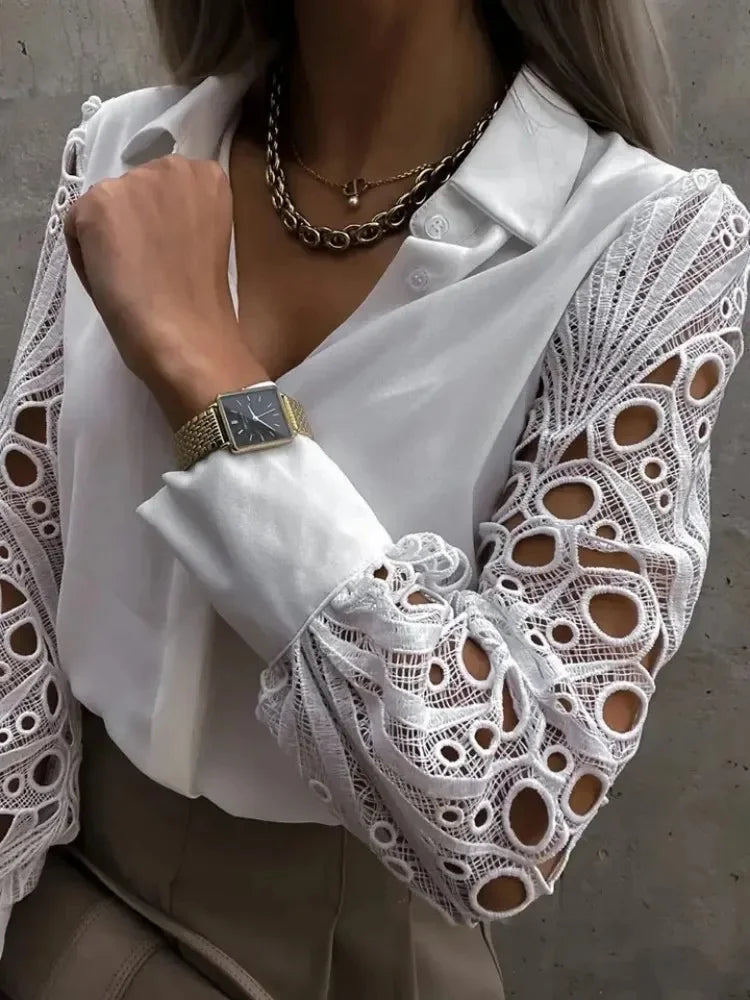 White Sexy Lace Hollow out Women Blouse Autumn Spring Black Top Vintage Button Up Shirts Long Sleeve Tops