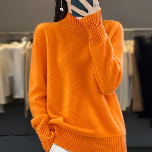 Thickened Semi High Neck Wool Sweater For Women's AutumnWinter Long Sleeved Solid Color Warm Loose Knit Pullover 100%Merino Wool