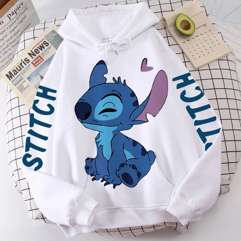 Disney Hoodie Fashion Stitch Angel Monster Letter Cartoon Sweatshirt Pullover Cute Harajuku Unisex Women's Pocket Top