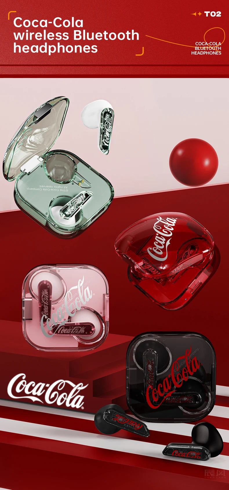 Coca-Cola Wireless Earbuds Bluetooth 5.3 Headphones Bass Stereo Ear Buds Waterproof Headset Noise Reduction Long Standby