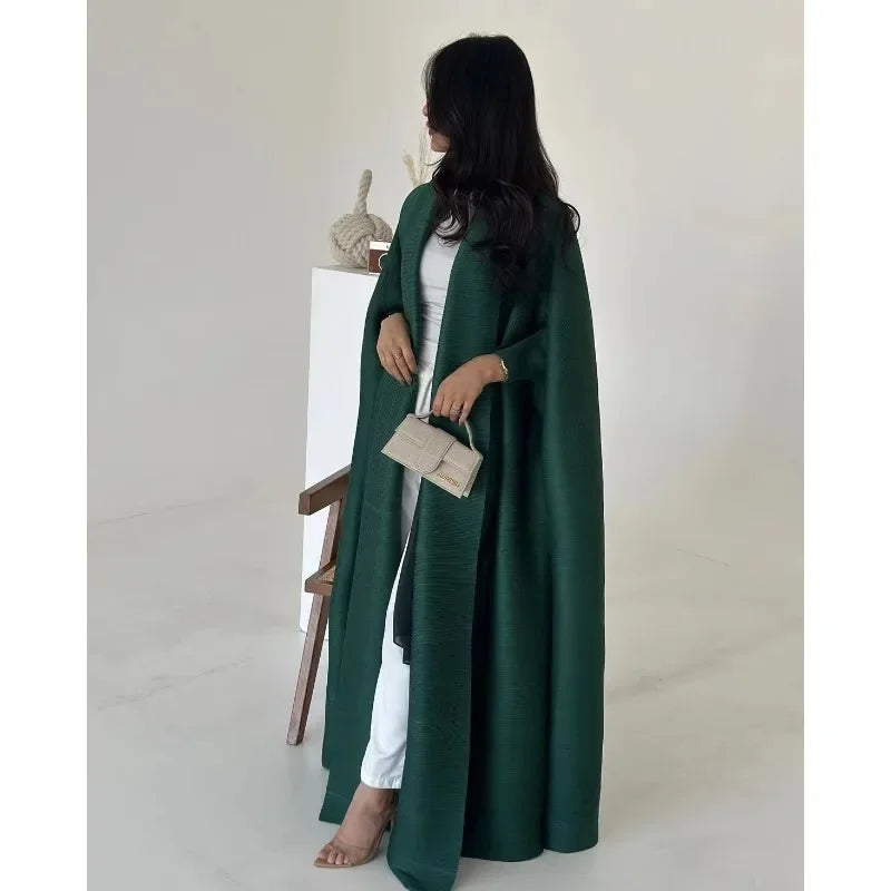 Abaya Fashion Pleated Bat Sleeve Loose Tie Solid Color Medium-length Shawl Long Coat 2024 Fall New