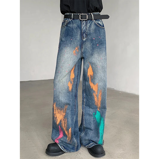 Men's Graffiti Jeans Fashion Spray Paint Personality Hip-hop Streetwear Male Clothing Loose Casual Youth Denim Mopping Trousers