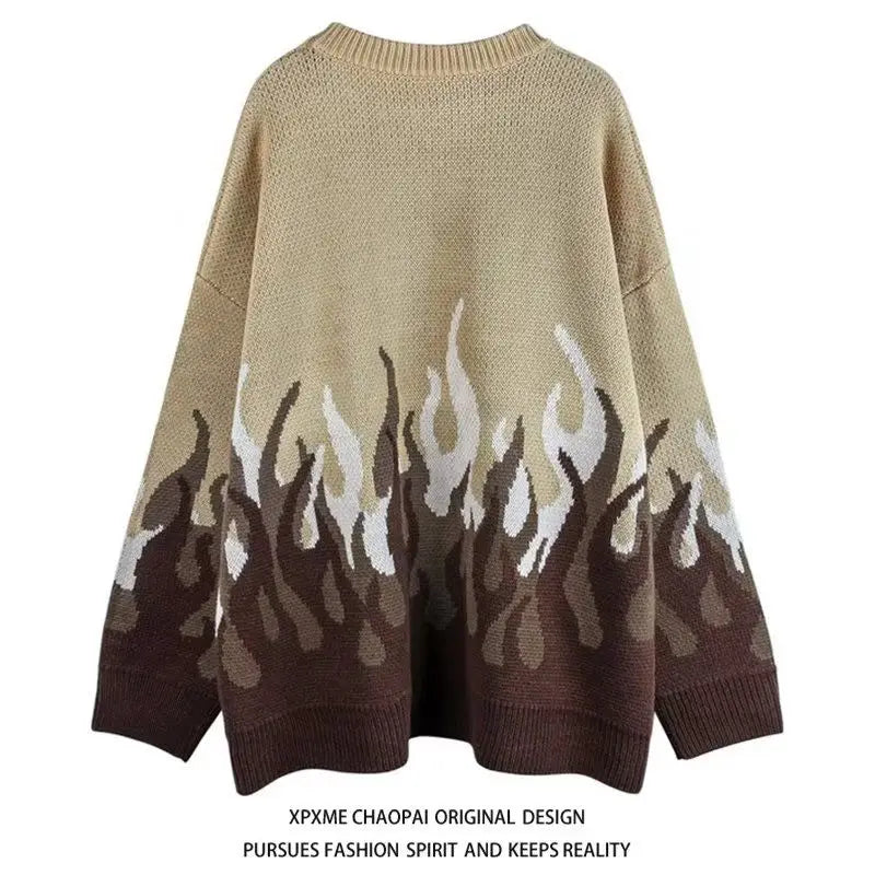 Trendy American Retro Ins Niche Design Flame Knitwear for Men and Women Y2K Loose Personality Lazy Style Couple Sweater Tops