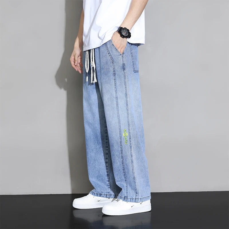 2024 Autumn New Wide Leg Jean Pants Men Trousers Neutral Loose Casual Cotton Straight Outdoor Fashion wash Pants Big Size 8xl