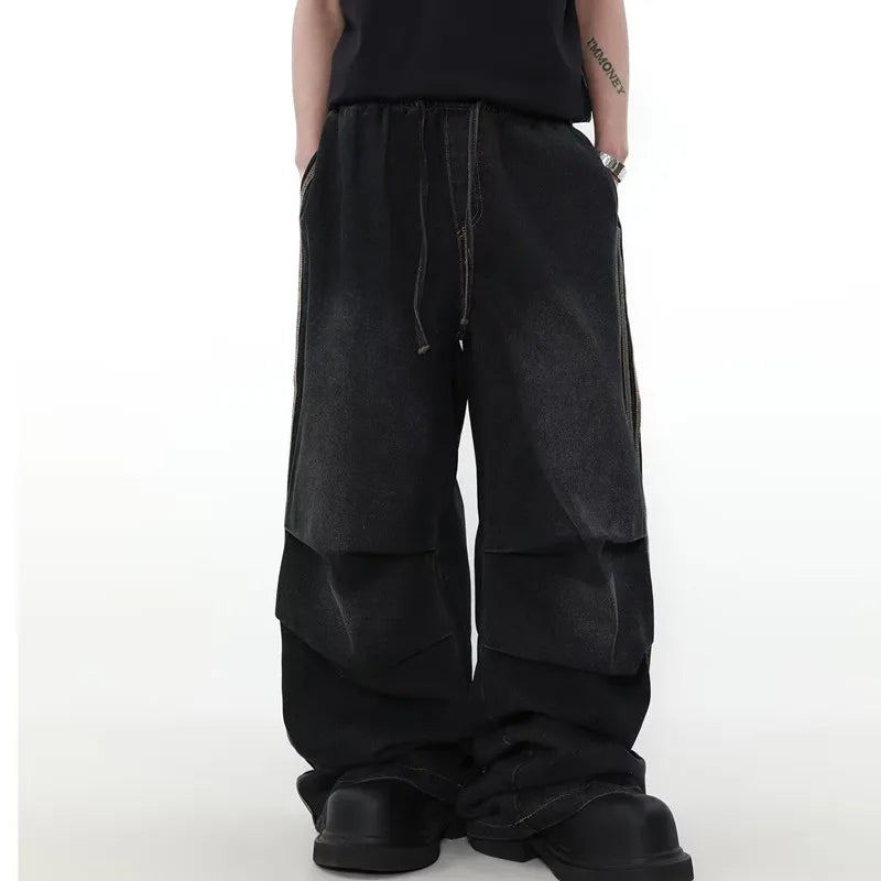 2024 Ropa Y2K Fashion Elastic Waist Striped Pleated Baggy Jeans Pants For Men Clothes Washed Black Wide Leg Women Long Trousers