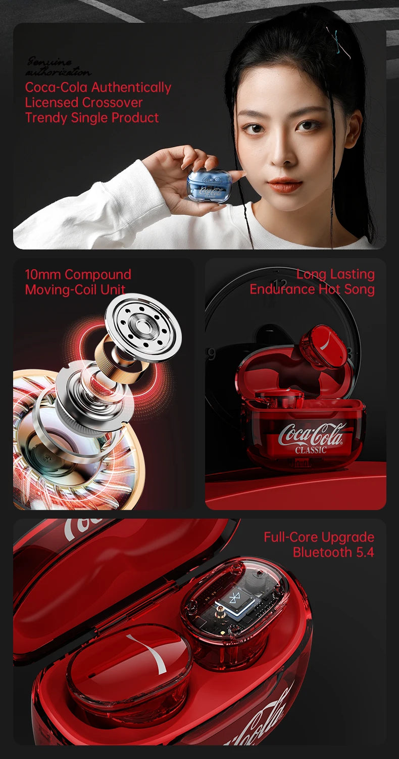 Coca-Cola Wireless Earphone Bluetooth 5.4 Noise Cancelling Air Pods Headset Microphone Low Latency for Xiaomi Apple Android T11