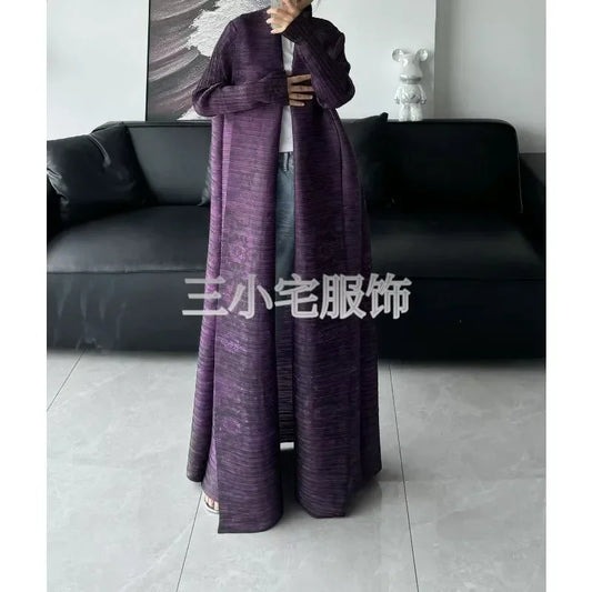 2024 Abaya Long Pleated Windbreaker for Women, Elegant and Loose Plus Size Printed Middle Eastern Cardigan Robe Luxurious Purple