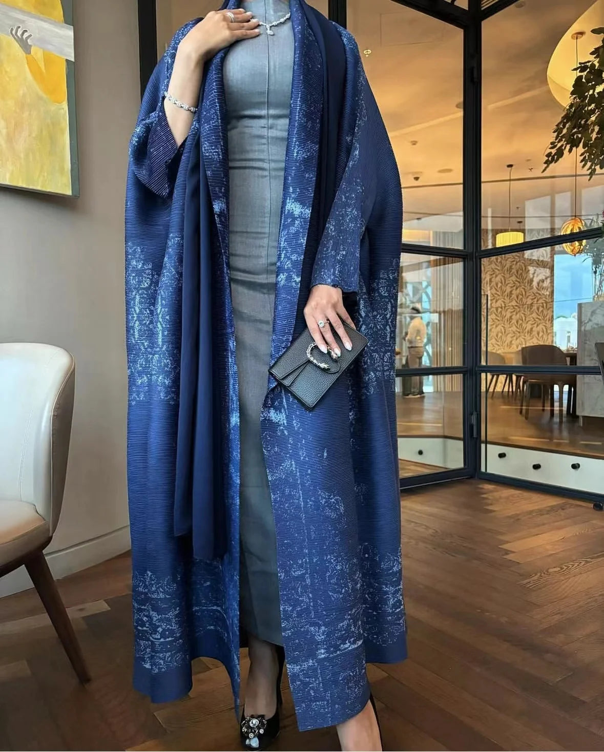 Abaya Fashion Pleated Bat Sleeve Loose Tie Solid Color Medium-length Shawl Long Coat 2024 Fall New